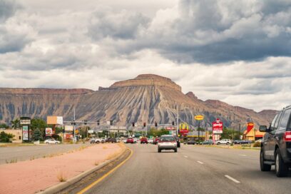 Stock photograph of street leading towards Mount Garfield in Grand Junction Colorado USA